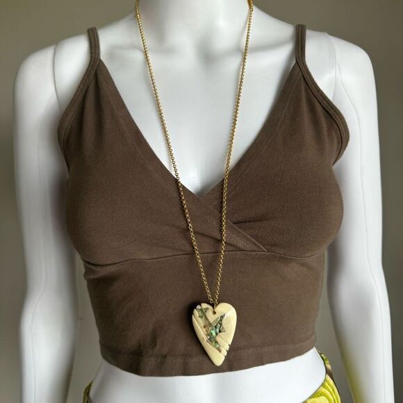 Vintage Abalone Inlay Shell Heart Lucite Necklace On Gold Tone Chain - Picture 3 of 8